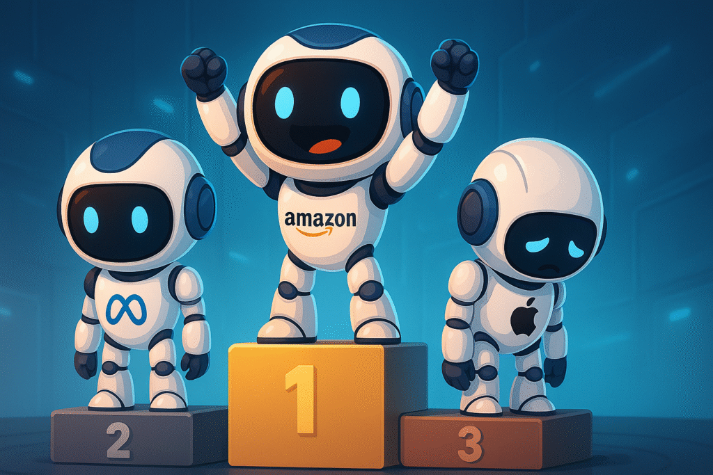 Three small robots on a futuristic podium: the Amazon robot in 1st place cheering with raised arms, the Meta robot in 2nd place with a neutral expression, and the Apple robot in 3rd place looking sad.