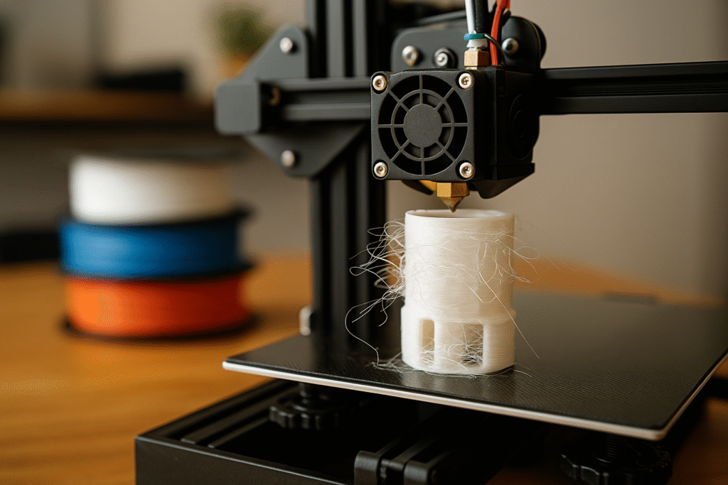 Filament Under Control: Smart Tips to Get the Most Out of Your 3D Printer 2 3D printer printing a white part with a stringing defect, showing thin strands of filament between parts of the part, with blurred colored filament spools in the background.