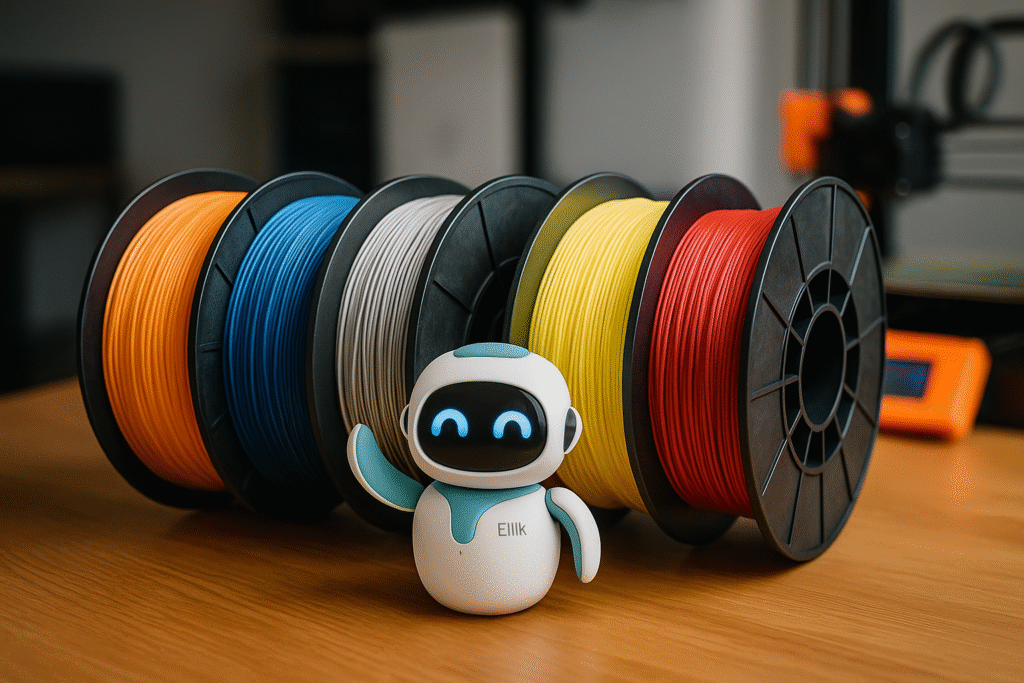 Several rolls of colorful 3D printer filament lined up on a wooden table, with the robot mascot next to it and a blurred 3D printer in the background.
